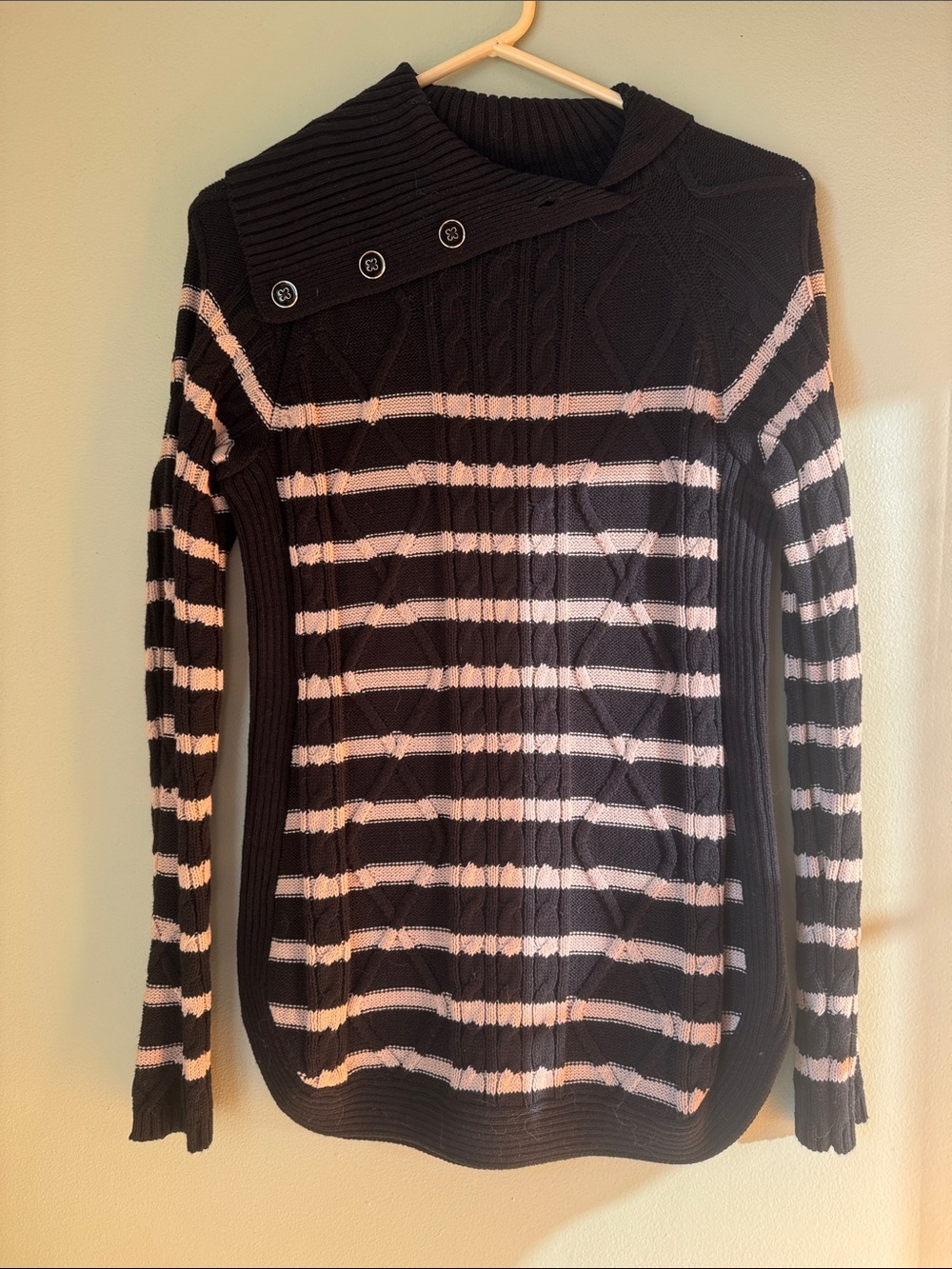 croft & barrow Black and Tan Striped Cable-Knit Button-Shoulder Sweater - Size S